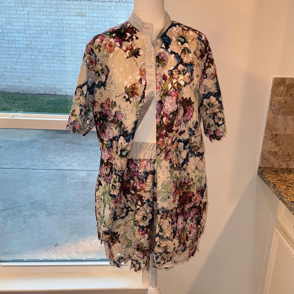 Floral Women's Buttondown Eyelet Short Sleeve Shorts Set Plus Size 14
